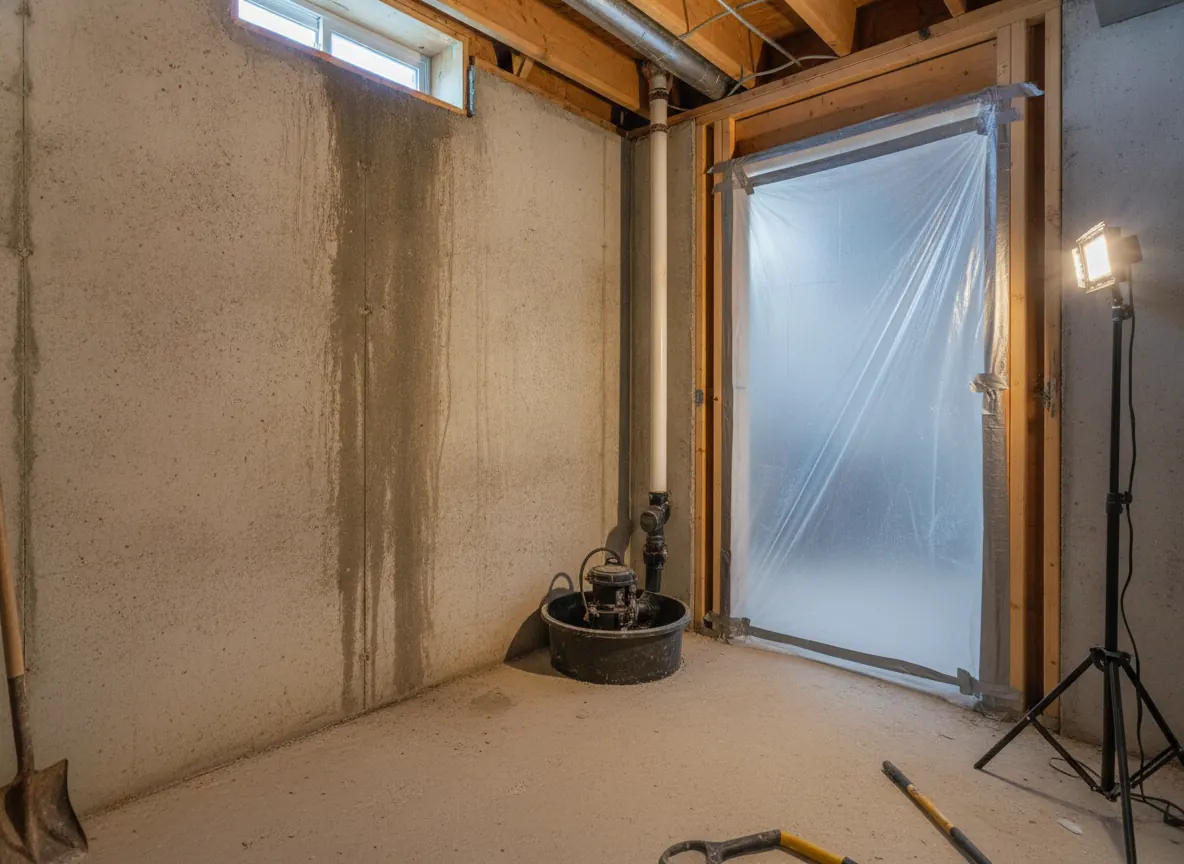Illustration of a technician metering moisture on a basement wall