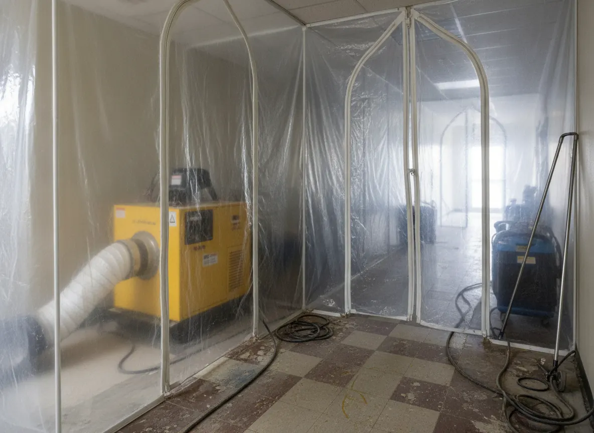Containment barrier and air scrubber set up in a commercial hallway during remediation