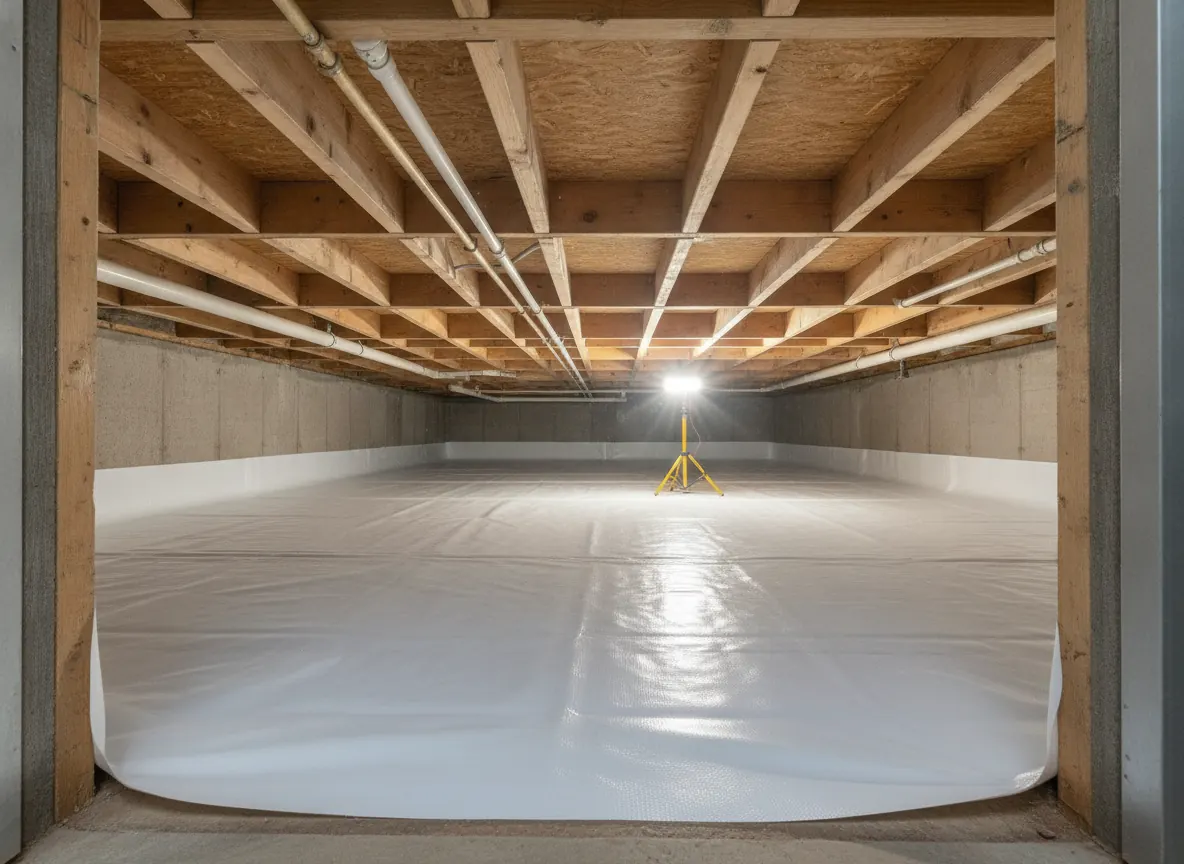 Technician in protective gear inspecting floor joists in a crawl space