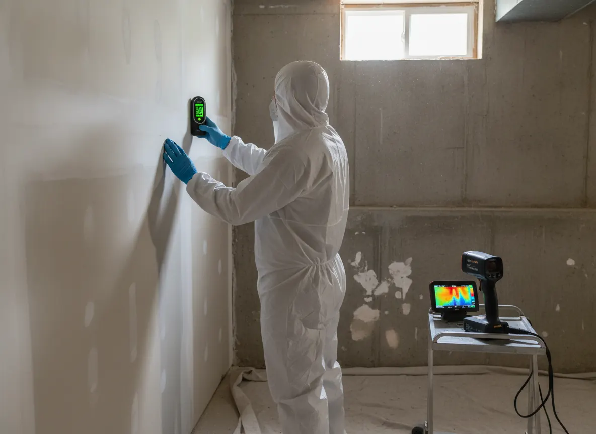 Technician taking moisture readings on a basement wall during a mold inspection