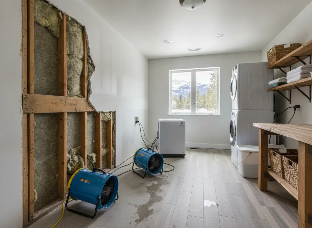 Air movers and dehumidifiers drying a water-damaged room after flooring removal